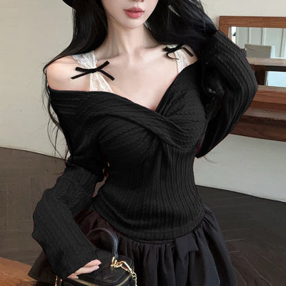 Bow-Detail Lace And Knit Layered-Look Top