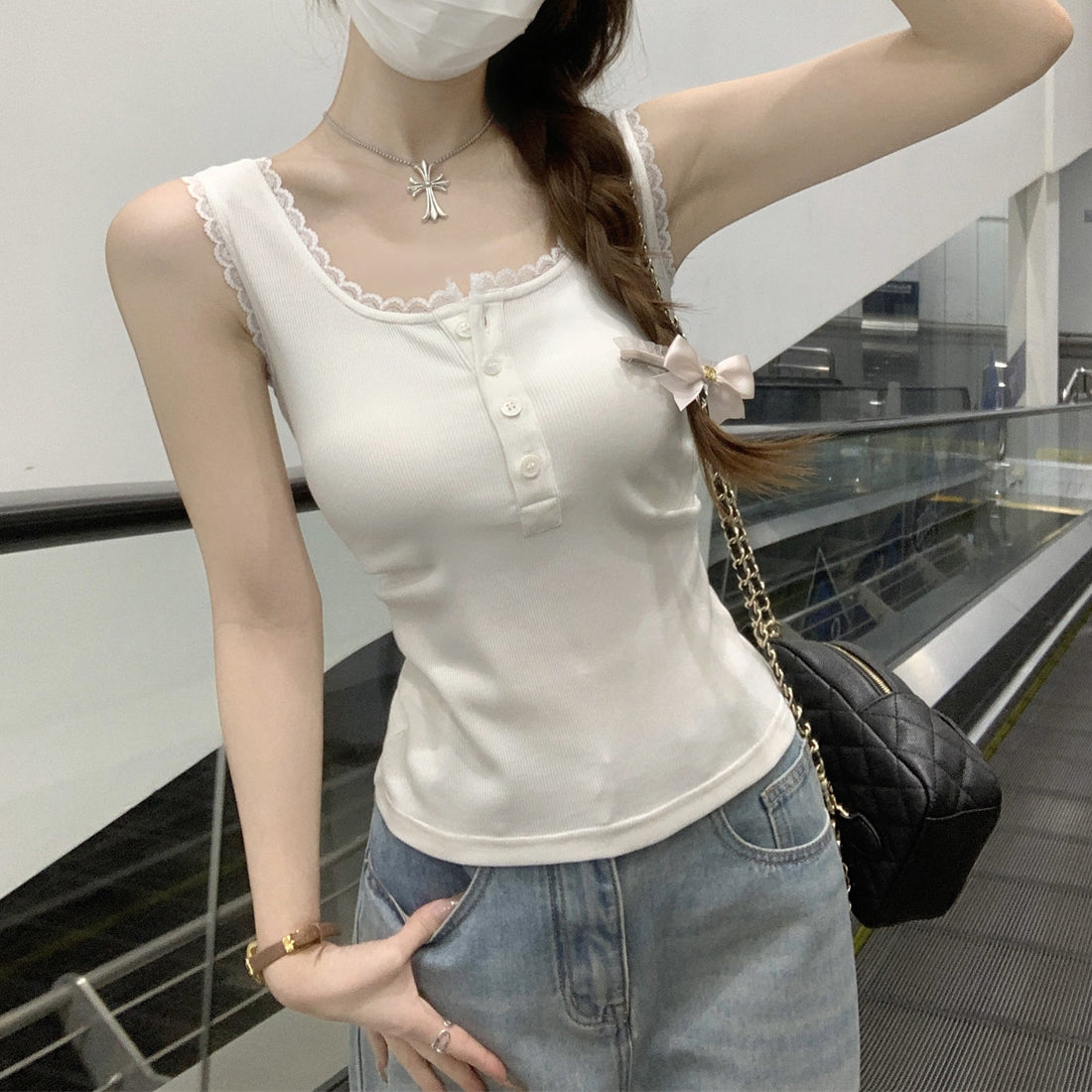 Lace-Paneled Square-Neck Sleeveless Camisole Top
