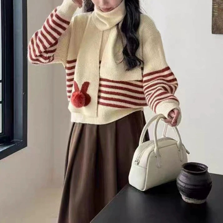 Retro Striped Fashion Crew Neck Sweater With Scarf