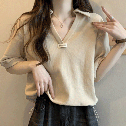 Letter-Print Drawstring Polo T-Shirt