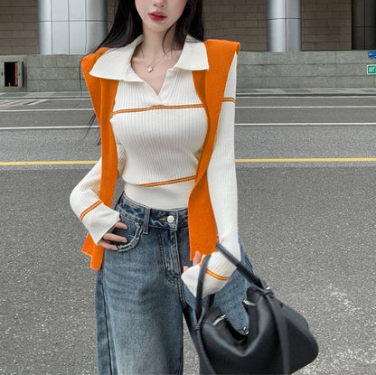 Niche Sexy Contrast Color Lapel Sweater Top