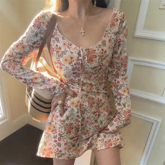 French Retro V-Neck Fitted Waist Floral Dress