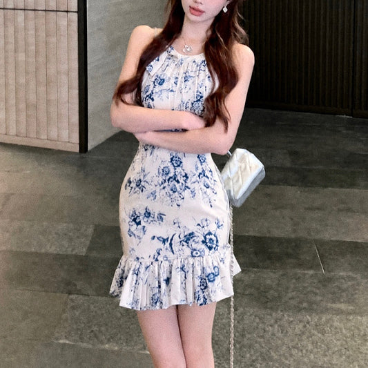New Chinese-Style Ink-Wash Print Off-Shoulder Sleeveless Dress