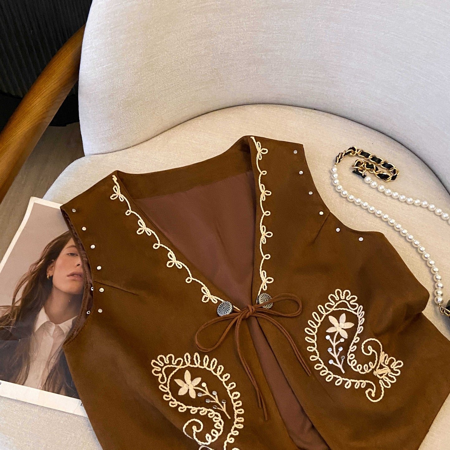 Heavy-Duty Embroidered Studded Cardigan Vest