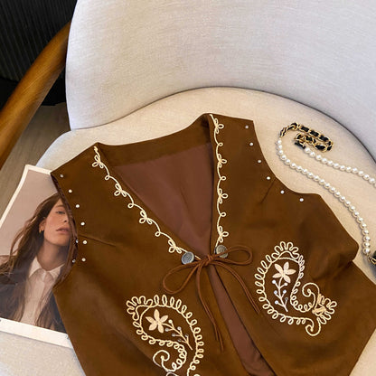 Heavy-Duty Embroidered Studded Cardigan Vest