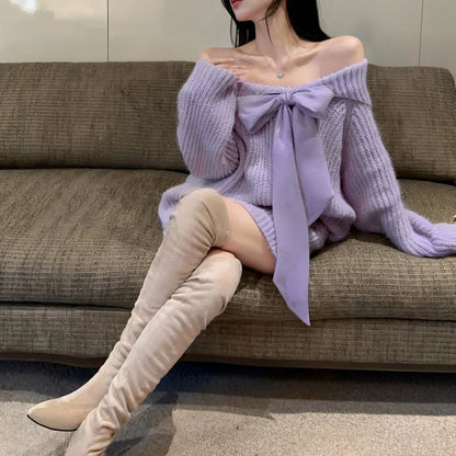 Off-Shoulder Loose Bow Tie Knit Sweater And Skirt Two-Piece Set
