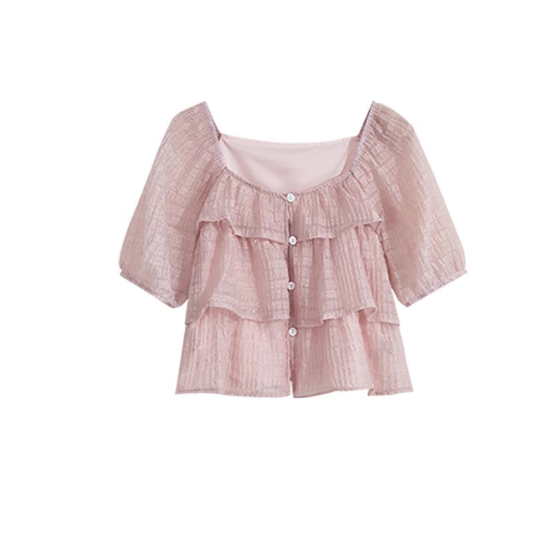 Sweet Solid Color Shirt Top Casual Skirt Two-Piece Set