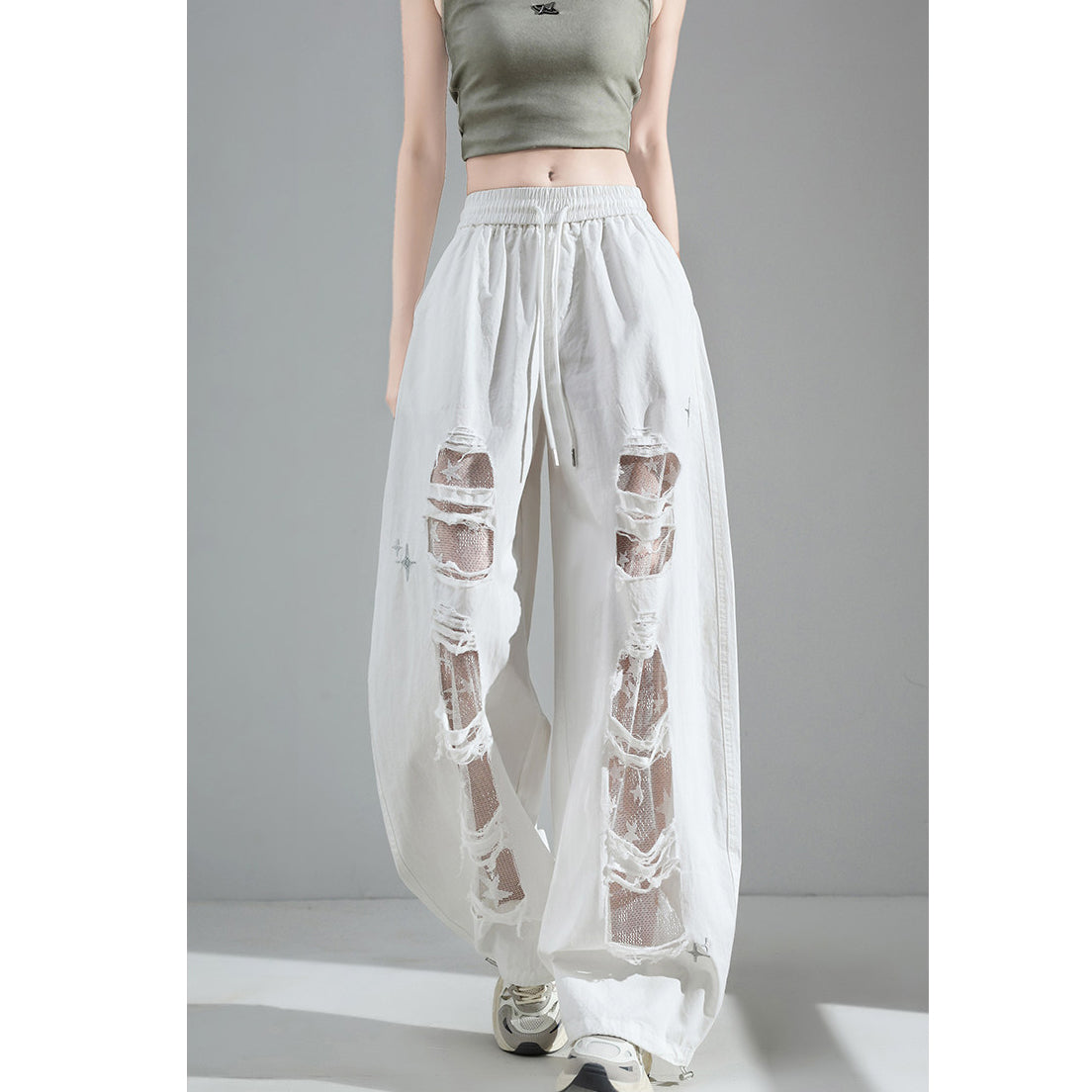 Fashionable Embroidered Lace Patchwork Curved Trousers