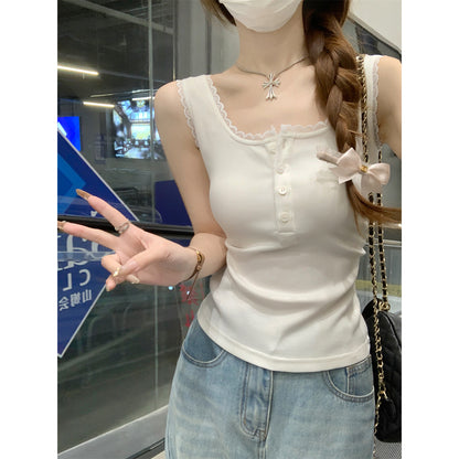 Lace-Paneled Square-Neck Sleeveless Camisole Top