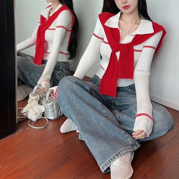 Niche Sexy Contrast Color Lapel Sweater Top