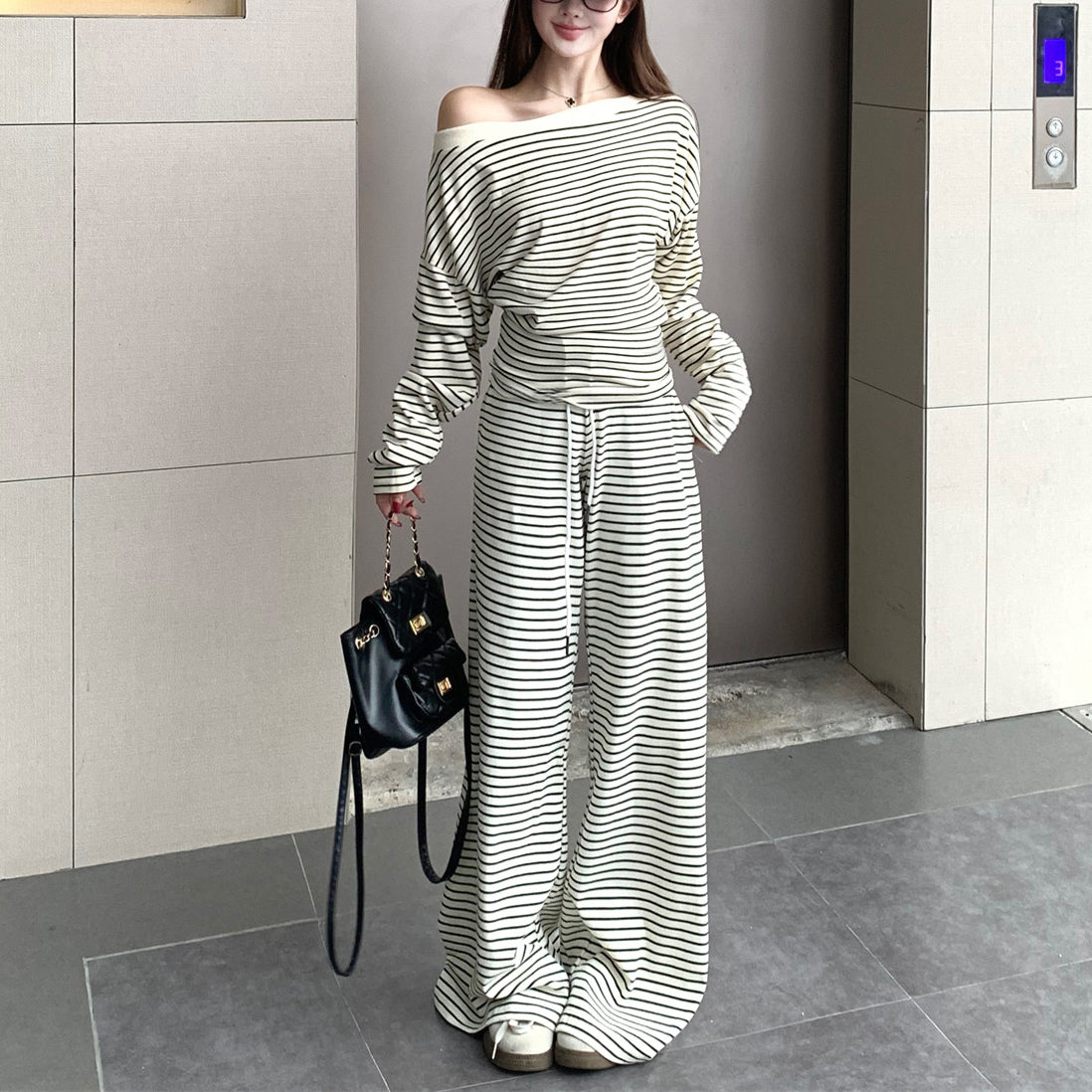 Sexy Color-Block Striped Wide-Leg Trouser Set