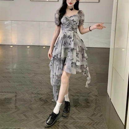 French Irregular Butterfly Print Ruffle Dress