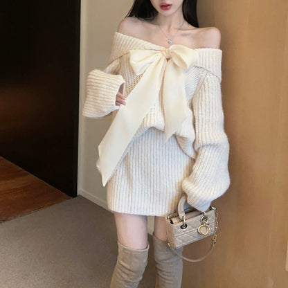 Off-Shoulder Loose Bow Tie Knit Sweater And Skirt Two-Piece Set