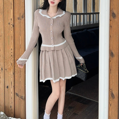Sexy Color-Block Collared Long-Sleeve Top And High-Waisted Skirt Set