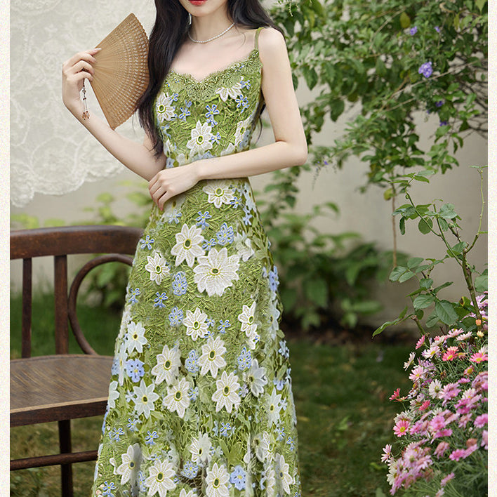 Green Cardigan And Hollow-Out Strap Dress Two-Piece Set