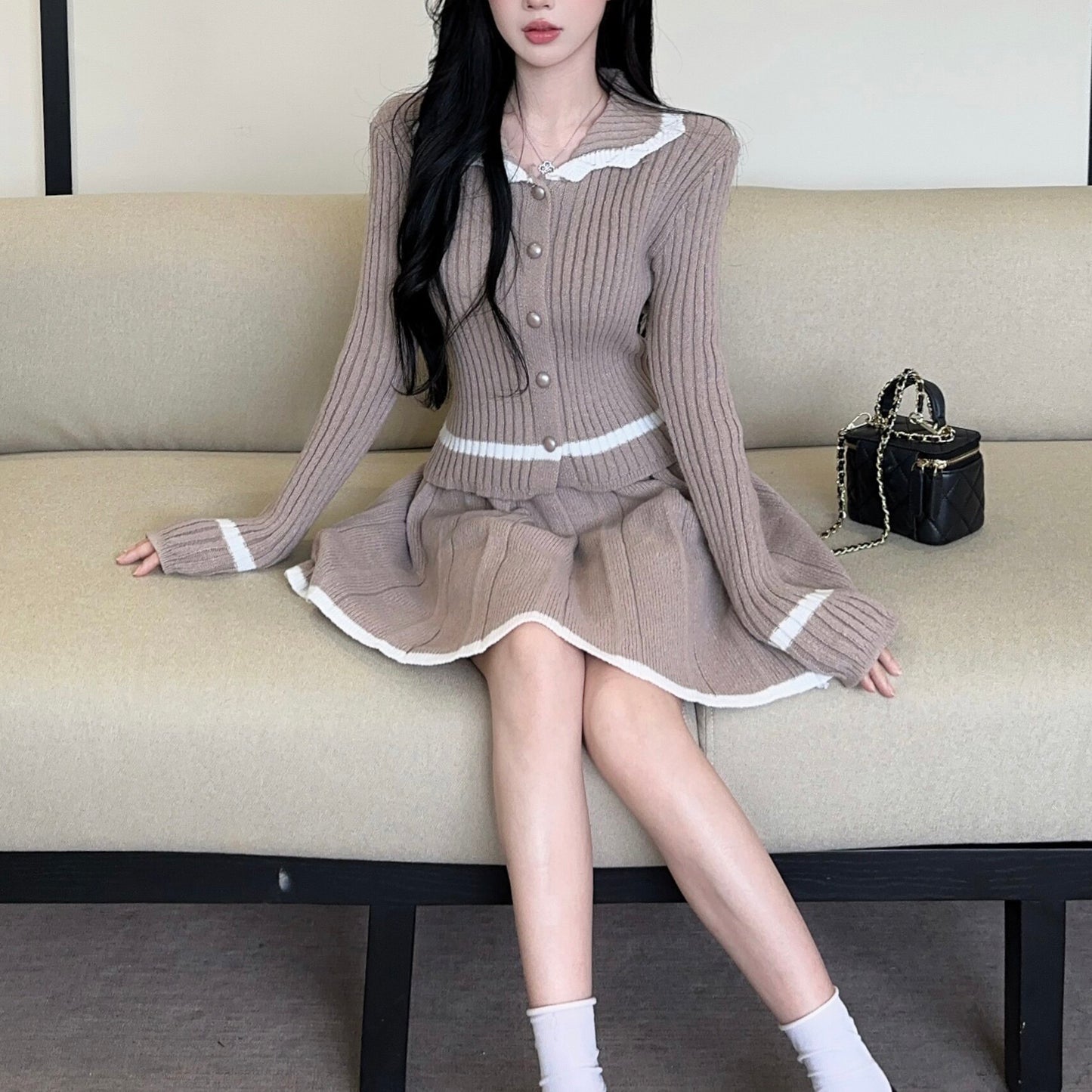 Sexy Color-Block Collared Long-Sleeve Top And High-Waisted Skirt Set