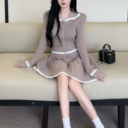 Sexy Color-Block Collared Long-Sleeve Top And High-Waisted Skirt Set