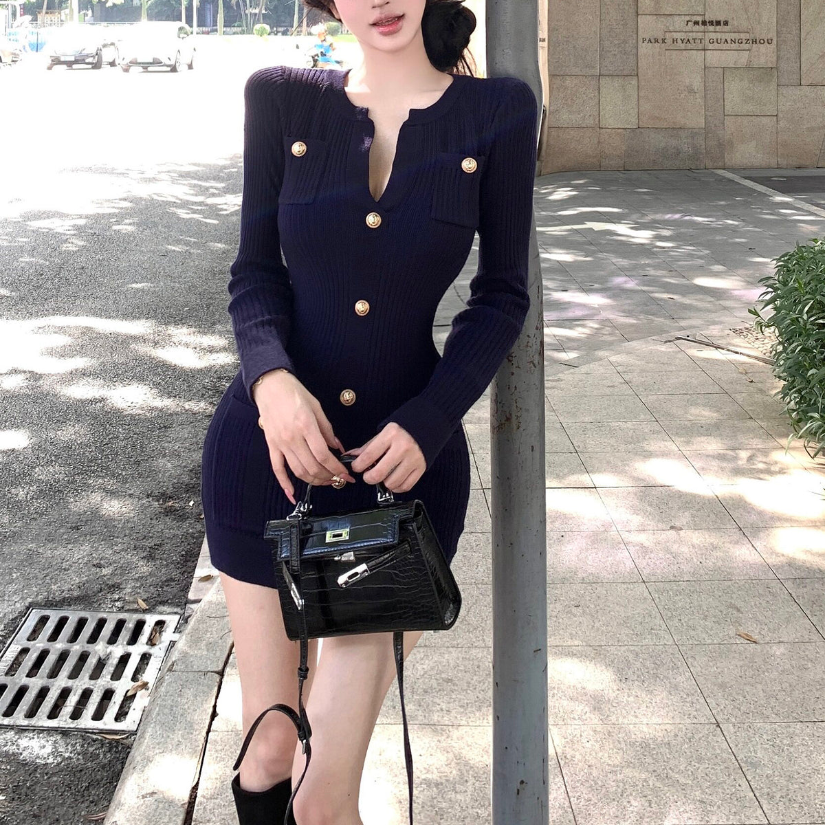 Sexy Metal-Buckle Knit Dress