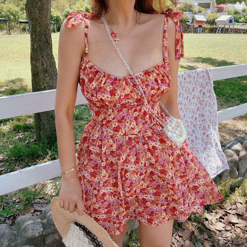 Retro Square Neckline Fitted Waist Floral Vacation Dress