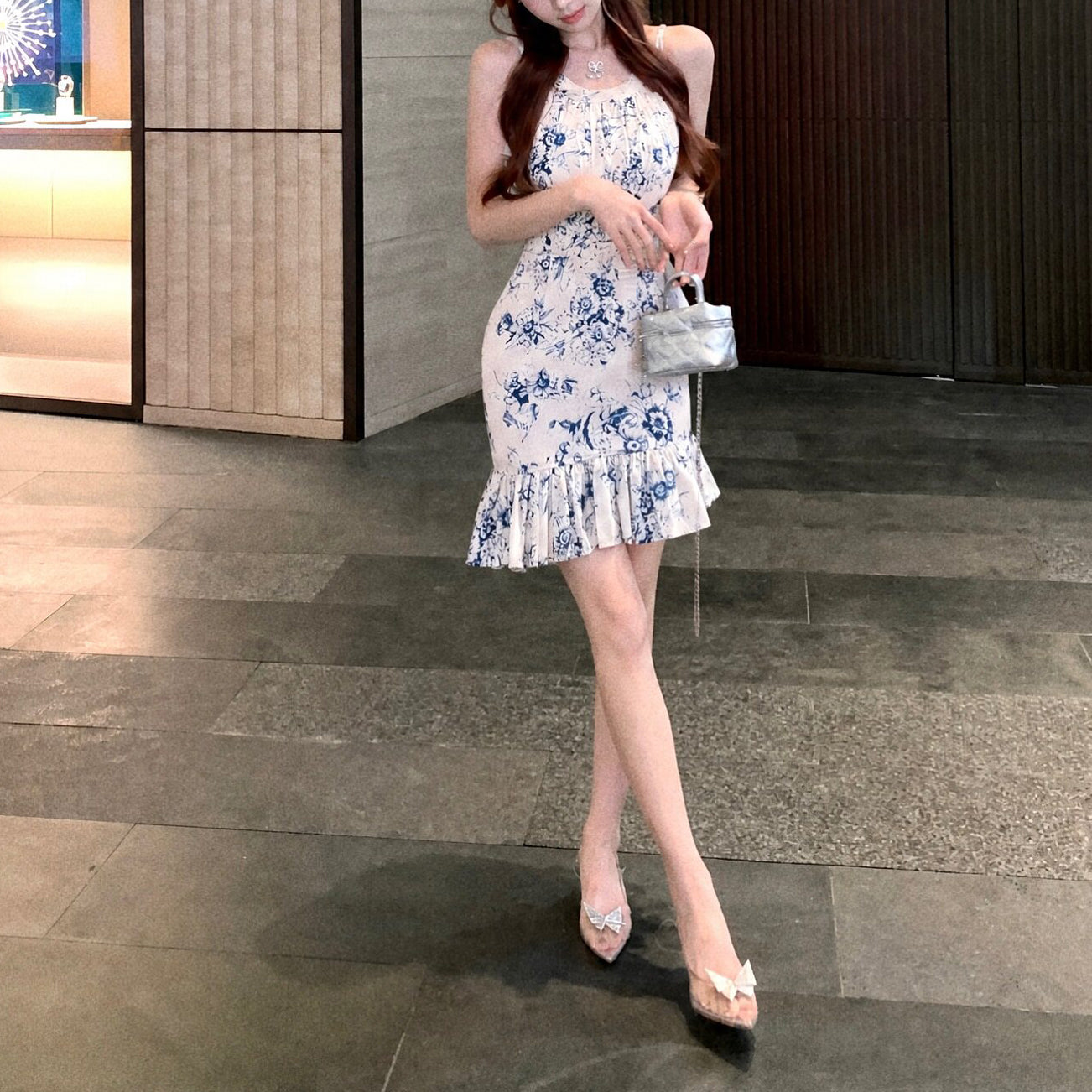 New Chinese-Style Ink-Wash Print Off-Shoulder Sleeveless Dress