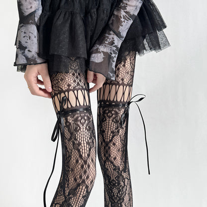 Retro Hollow Lace Bow Tie Fishnet Stockings