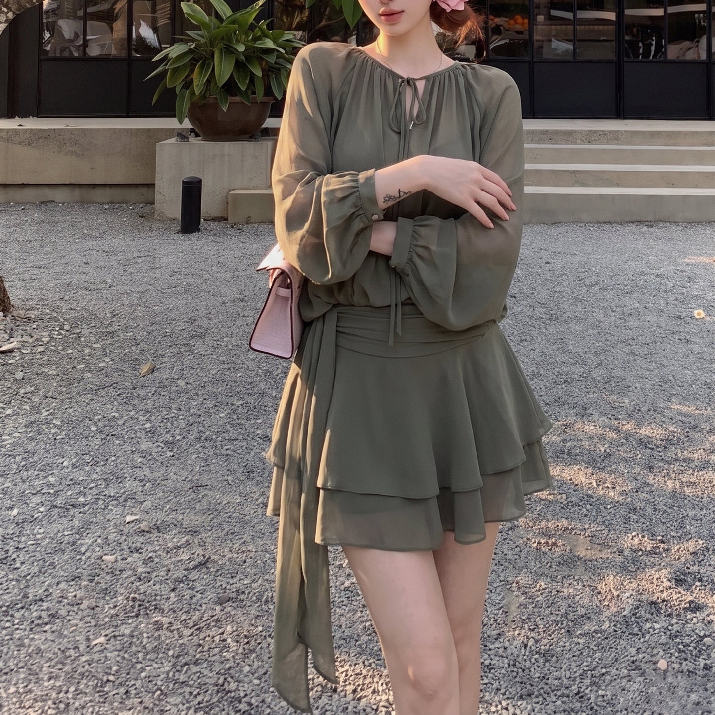 French-Style Lantern-Sleeve Tie-Waist Dress