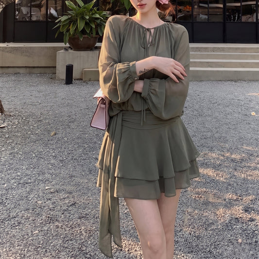 French-Style Lantern-Sleeve Tie-Waist Dress