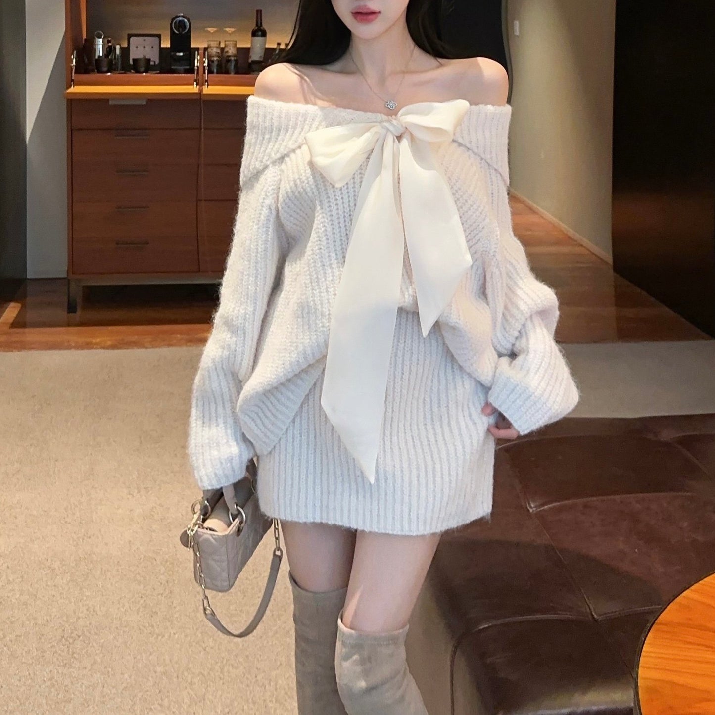 Off-Shoulder Loose Bow Tie Knit Sweater And Skirt Two-Piece Set