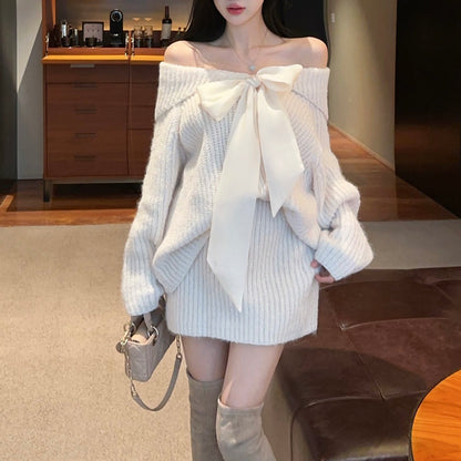 Off-Shoulder Loose Bow Tie Knit Sweater And Skirt Two-Piece Set