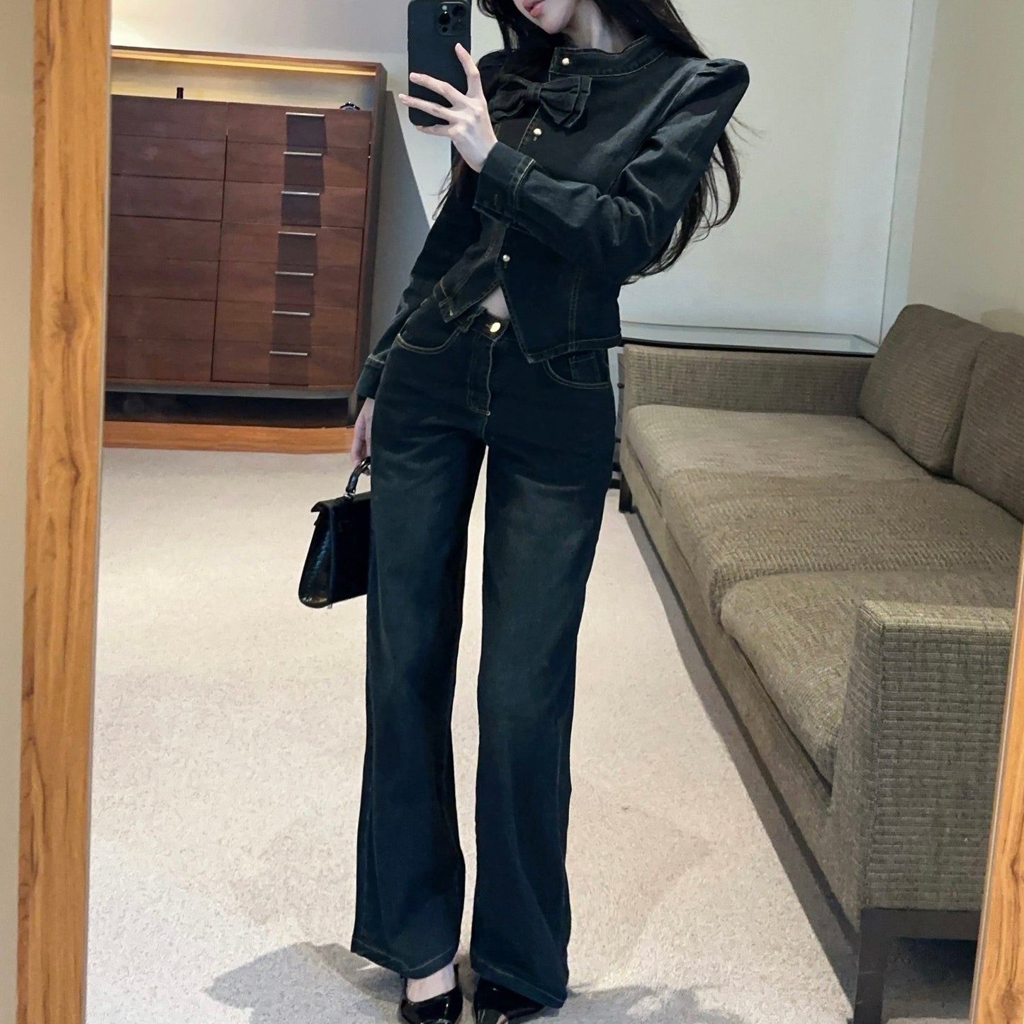 French-Style Sexy Bow-Knot Irregular Denim Top And High-Waisted Pants Set