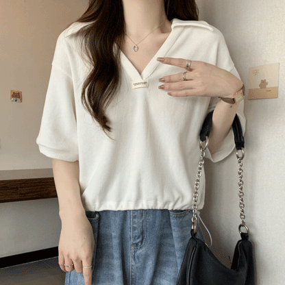 Letter-Print Drawstring Polo T-Shirt