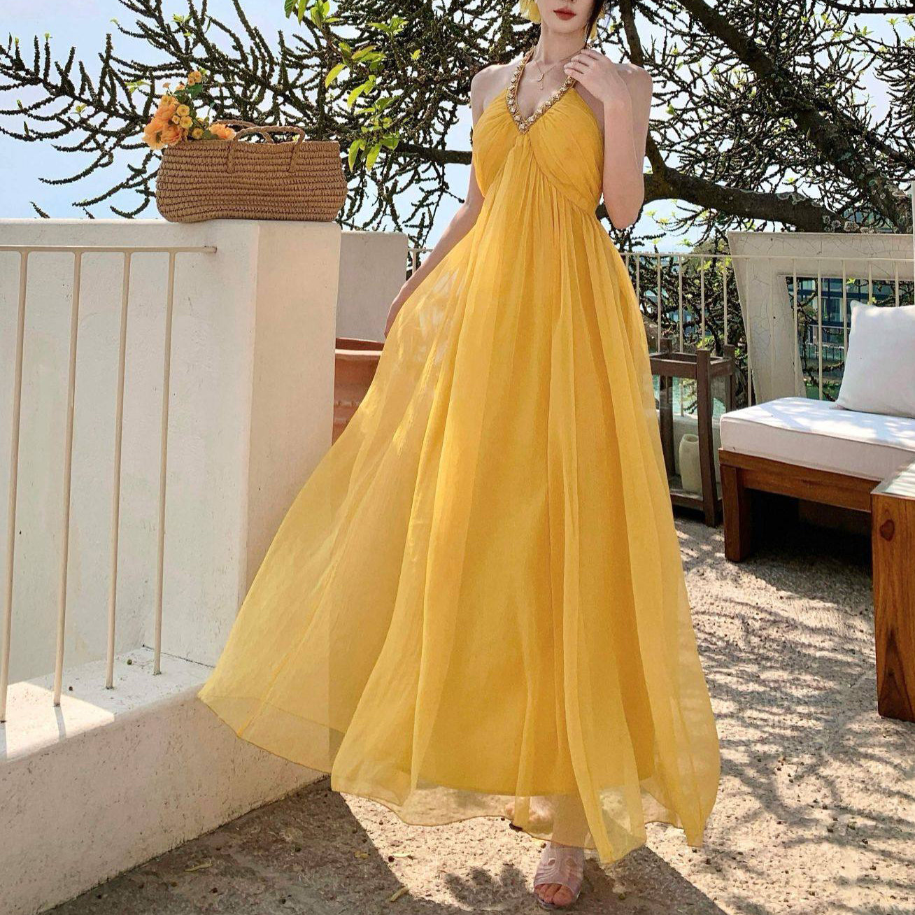 Yellow V-Neck Chiffon Vacation Dress