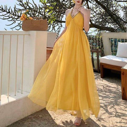 Yellow V-Neck Chiffon Vacation Dress