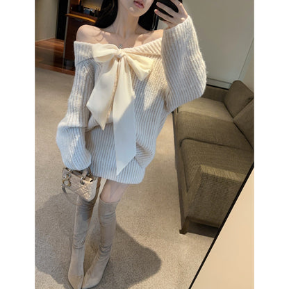 Off-Shoulder Loose Bow Tie Knit Sweater And Skirt Two-Piece Set