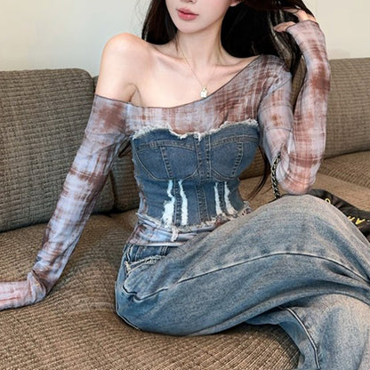 Printed Denim Long-Sleeved T-Shirt