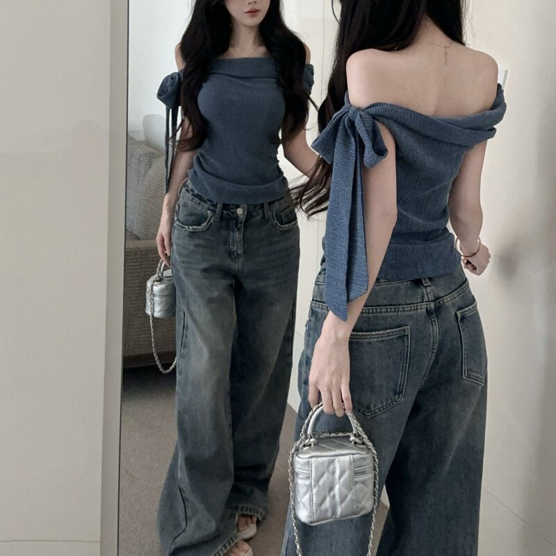 Sexy Off-The-Shoulder Solid-Color Top