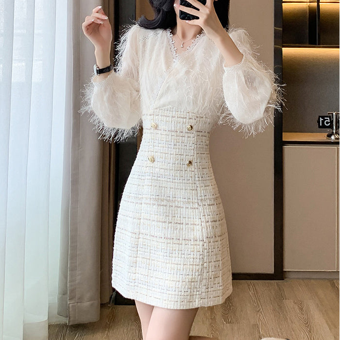 French Tweed Fringed V-Neck Dress