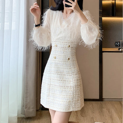 French Tweed Fringed V-Neck Dress