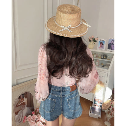 Retro V-Neck Lantern Sleeve Tie-Up Floral Shirt