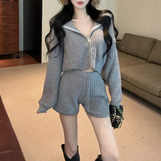 Casual Fashion Hooded Loose Long Sleeve Knitted Cardigan Sweater Drawstring Shorts Two-Piece Set