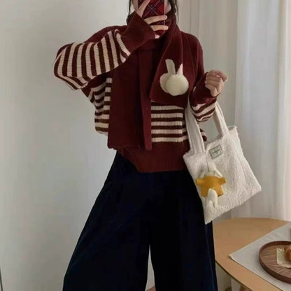 Retro Striped Fashion Crew Neck Sweater With Scarf