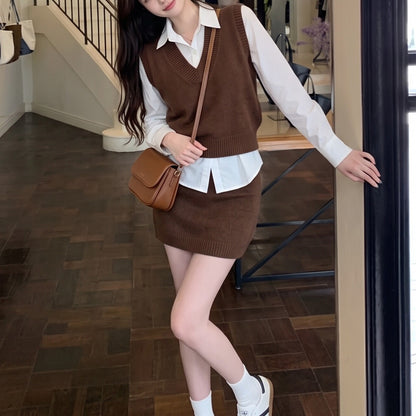 Casual-Chic Three-Piece Set Featuring A Knit Vest And A Mini Skirt