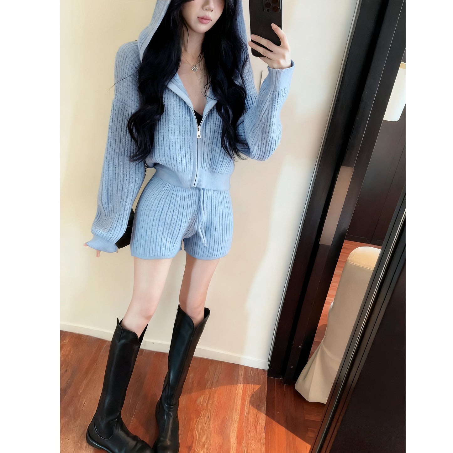 Casual Fashion Hooded Loose Long Sleeve Knitted Cardigan Sweater Drawstring Shorts Two-Piece Set
