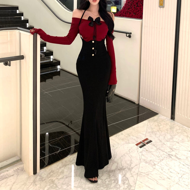 Stylish And Sexy Halter Neck Off-Shoulder Fishtail Skirt Set