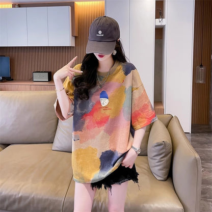 Loose-Fitting Oversized Mid-Length Tie-Dye Gradient Top