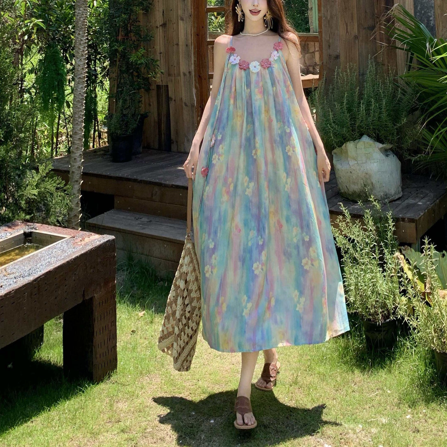 Seaside Vacation Oil Painting Bohemian Style Dress