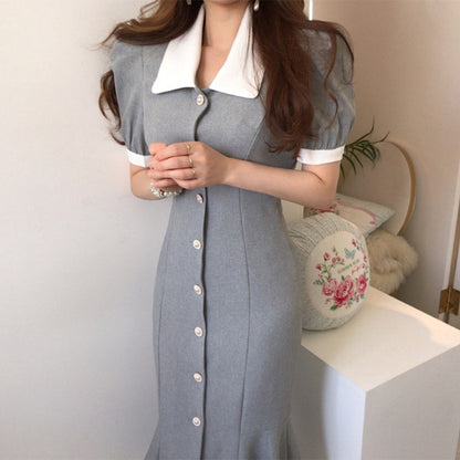 Elegant Collared Waist-Cinching Puff Sleeve Dress