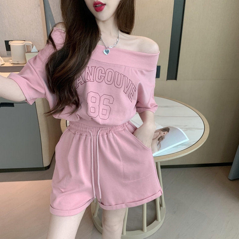 Athleisure-Style Off-Shoulder Printed T-Shirt And Shorts Set