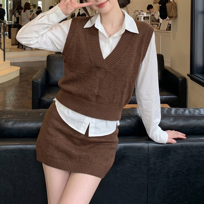 Casual-Chic Three-Piece Set Featuring A Knit Vest And A Mini Skirt