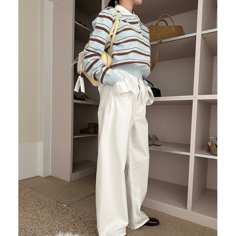 Stylish Color-Blocked Collared Loose Striped Long-Sleeved Knit Sweater